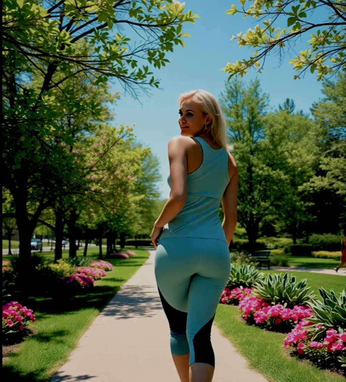 Woman running through a park